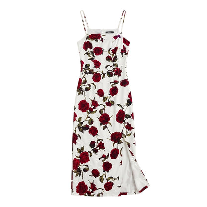 Cream - Front - Ax Womens-Ladies Rose Print Polyester Strappy Midi Dress