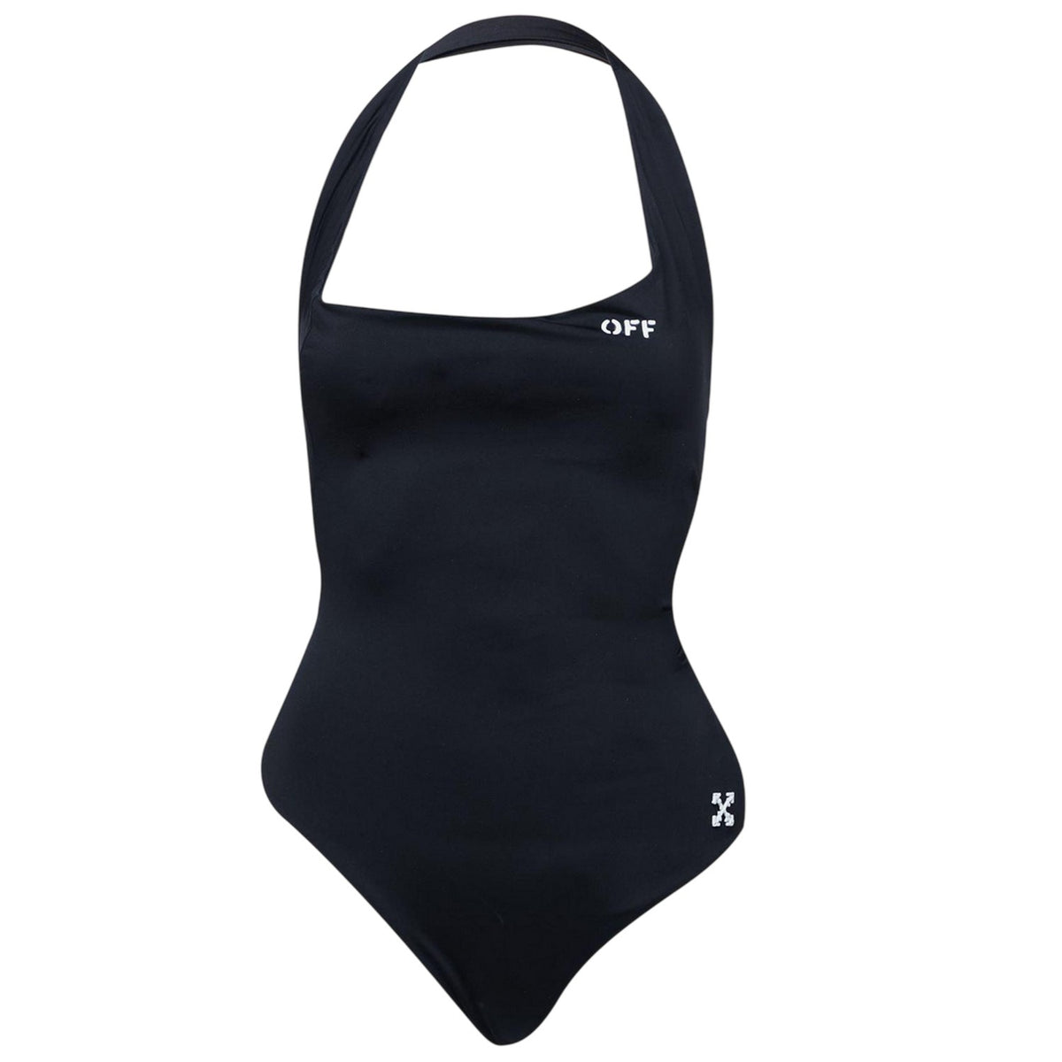 Black-White - Front - Off White Womens-Ladies Logo Halter Neck One Piece Swimsuit