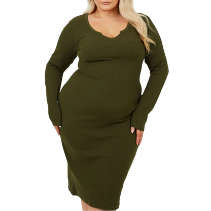 Dark Khaki - Front - Brave Soul Womens-Ladies Notch Neck Midi Dress