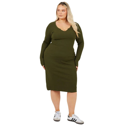 Dark Khaki - Lifestyle - Brave Soul Womens-Ladies Notch Neck Midi Dress