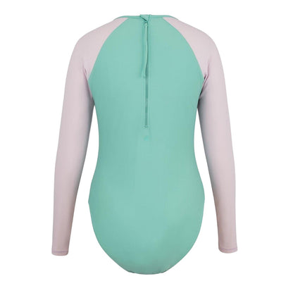 Pink-Green - Front - SoulCal Womens-Ladies Long-Sleeved One Piece Swimsuit