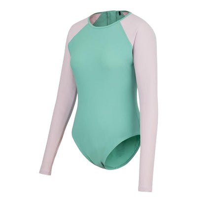 Pink-Green - Back - SoulCal Womens-Ladies Long-Sleeved One Piece Swimsuit