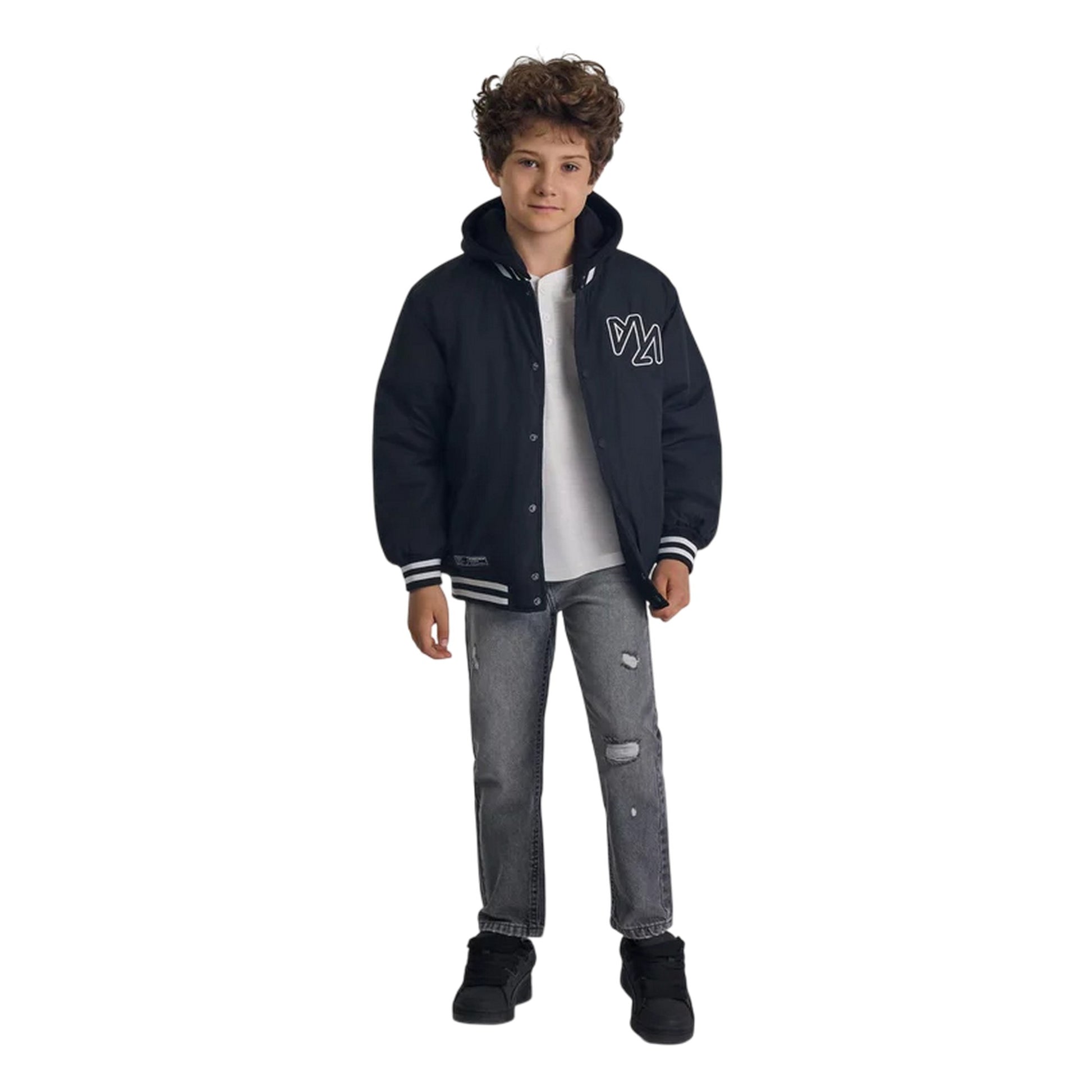 Black - Lifestyle - Minoti Boys Detachable Hood Baseball Padded Jacket