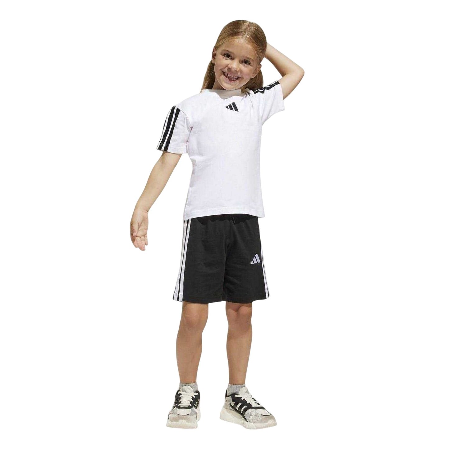 White-Black - Side - Adidas Childrens-Kids Essential T-Shirt & Shorts Set