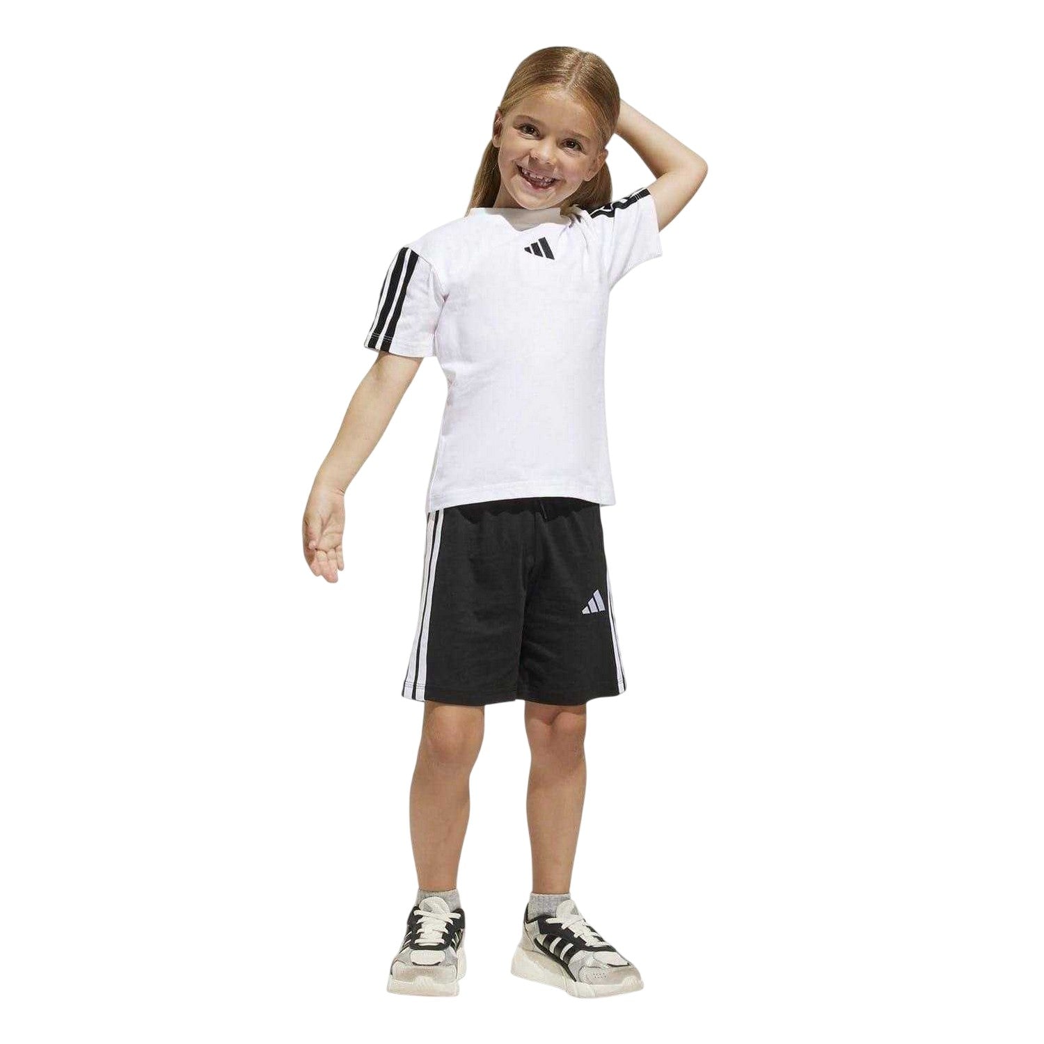White-Black - Side - Adidas Childrens-Kids Essential T-Shirt & Shorts Set