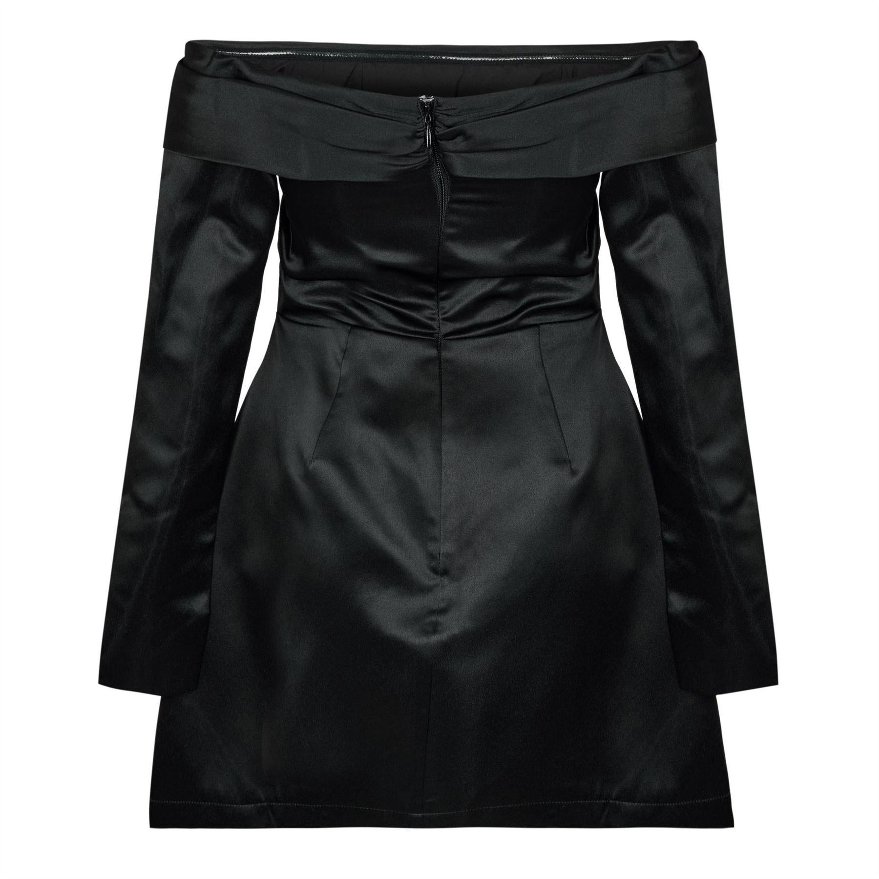 Black - Back - Odd Muse Womens-Ladies Satin Bardot Mini Dress