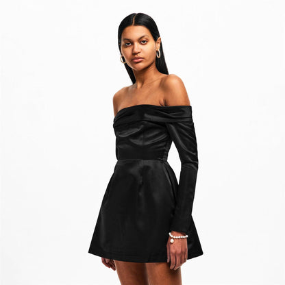 Black - Side - Odd Muse Womens-Ladies Satin Bardot Mini Dress