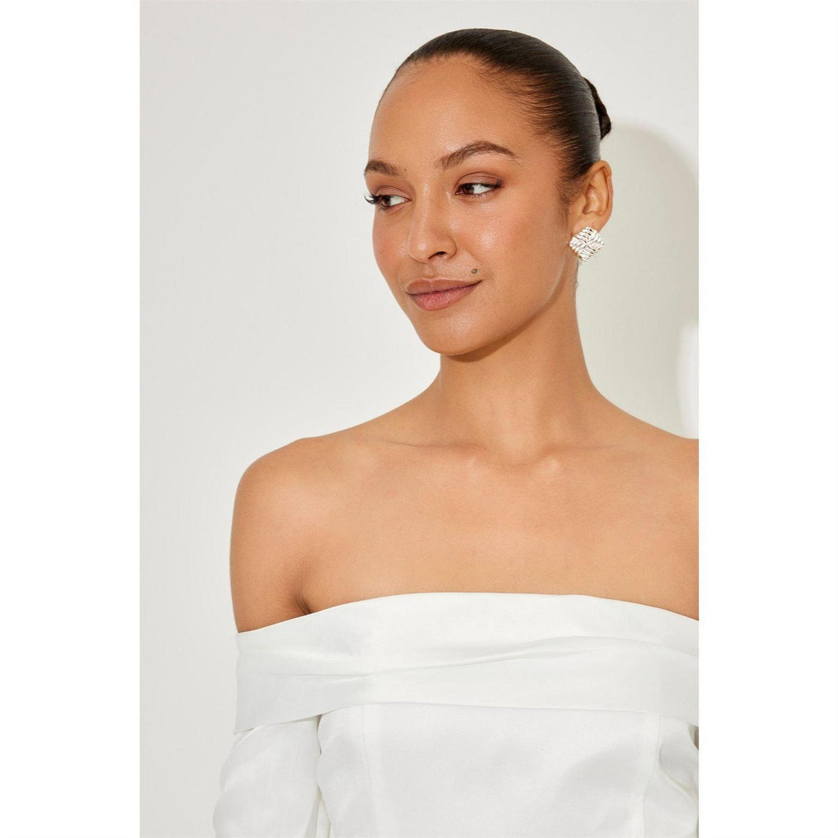 Off White - Back - Odd Muse Womens-Ladies Satin Bardot Mini Dress