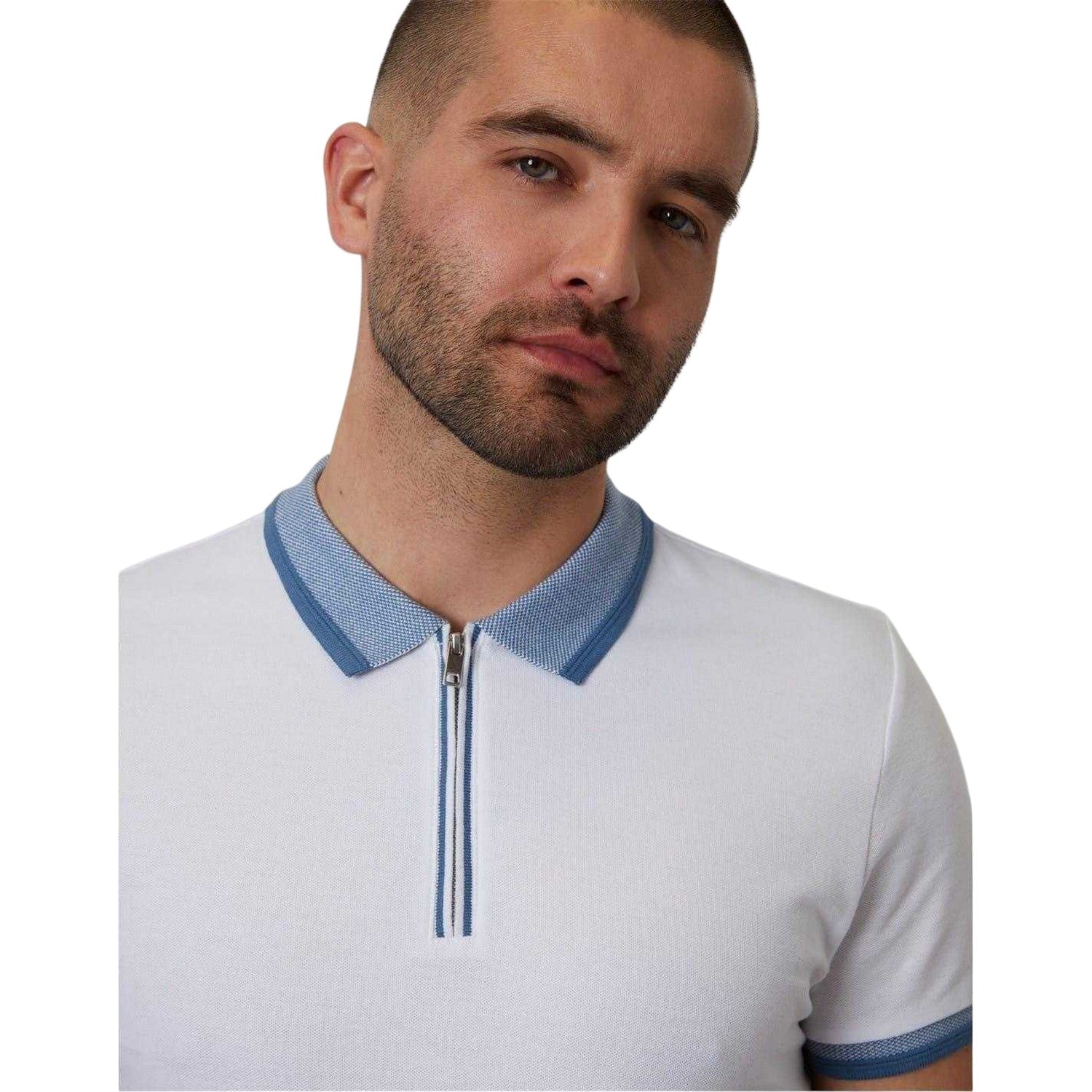 White - Side - Threadbare Mens Denim Look Denim Look Slim Short-Sleeved Polo Shirt