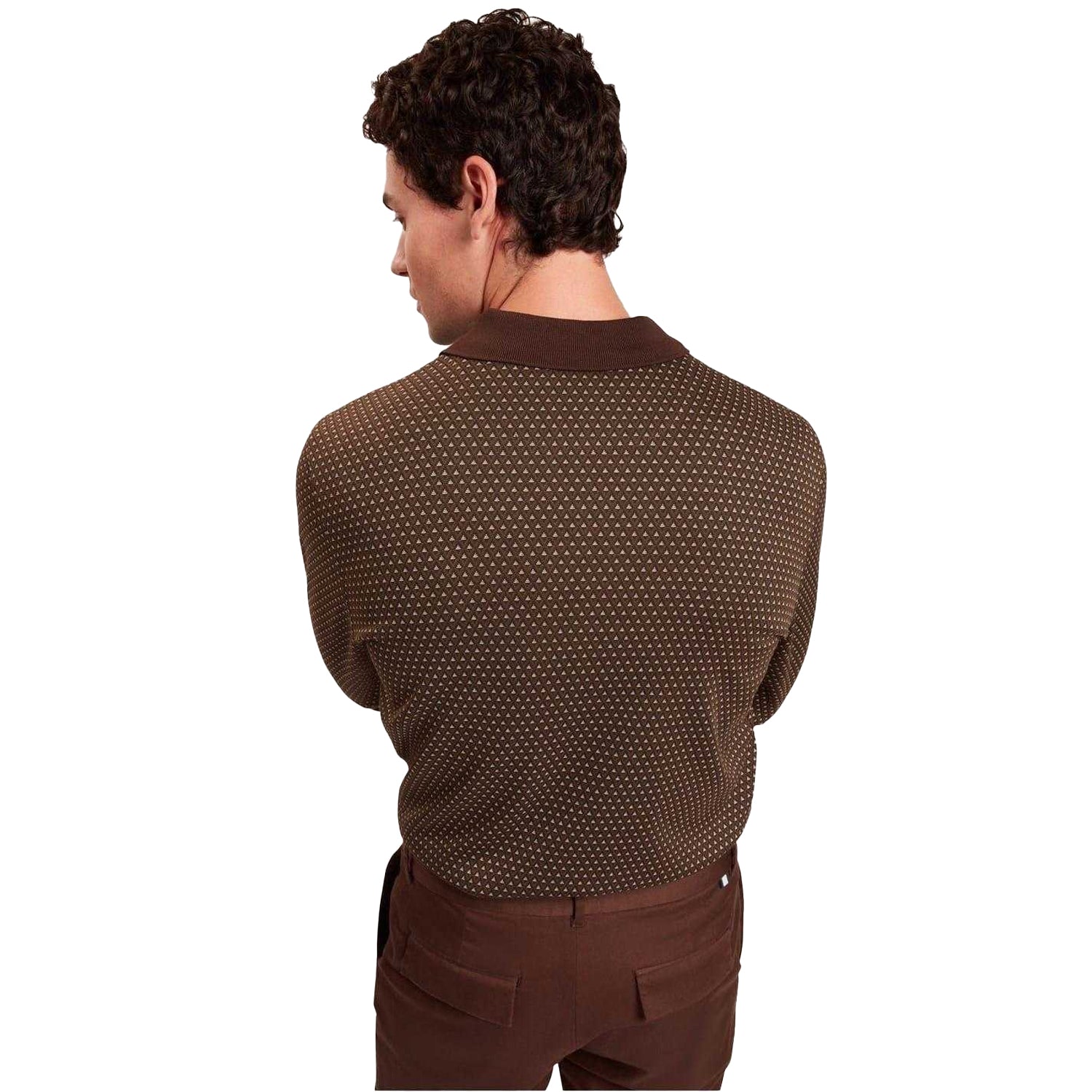 Brown-Tan - Back - Ted Baker Mens Jacquard Long-Sleeved Polo Shirt