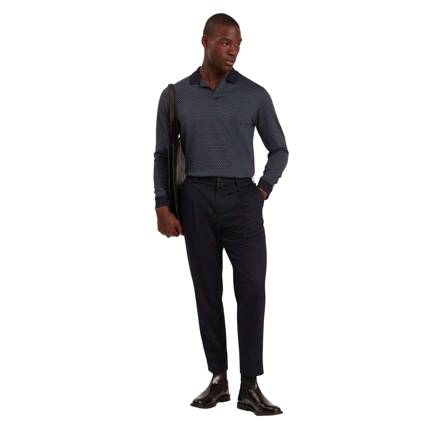 Navy - Close up - Ted Baker Mens Jacquard Long-Sleeved Polo Shirt