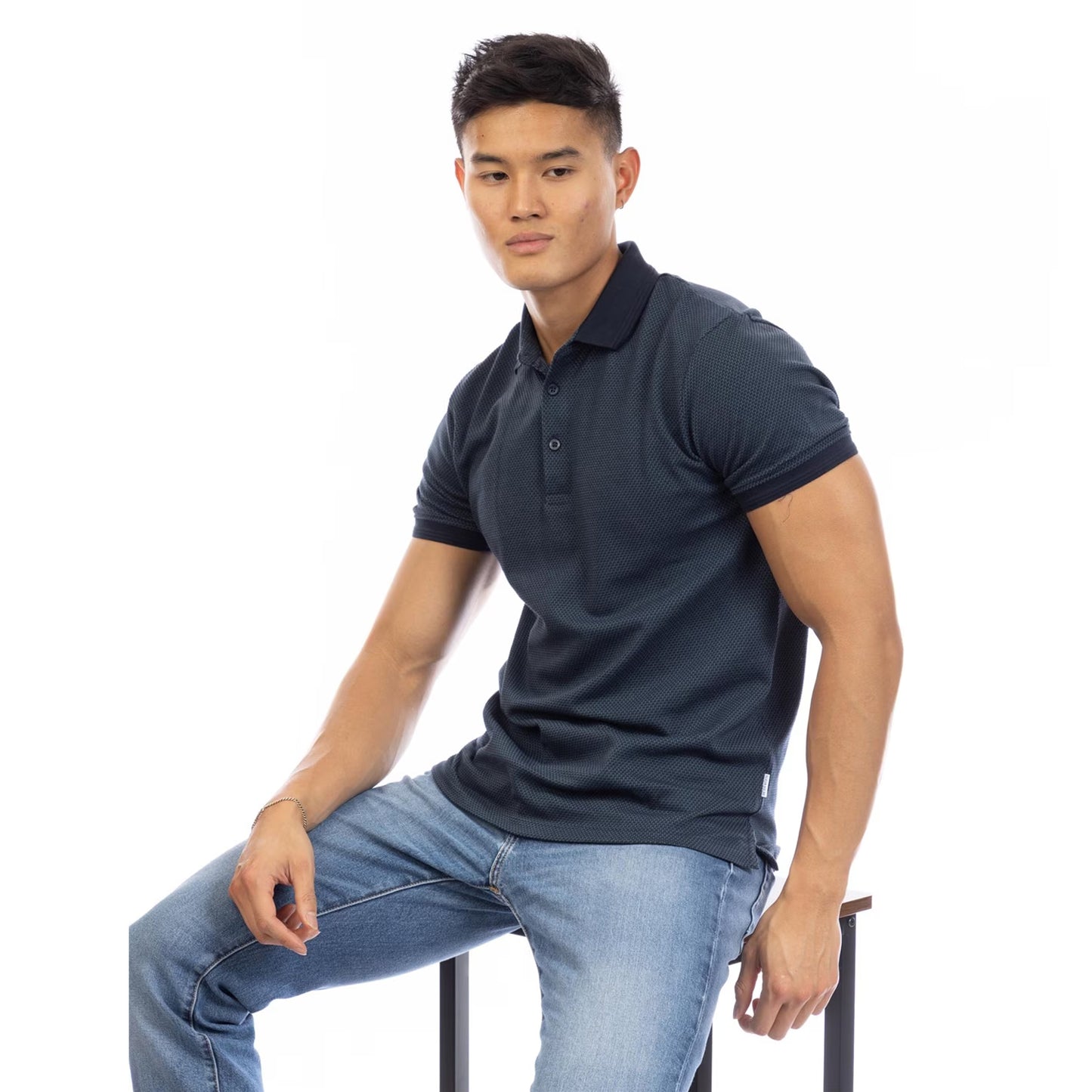 Navy - Side - Peter Werth Mens Cosway Collared Polo Shirt