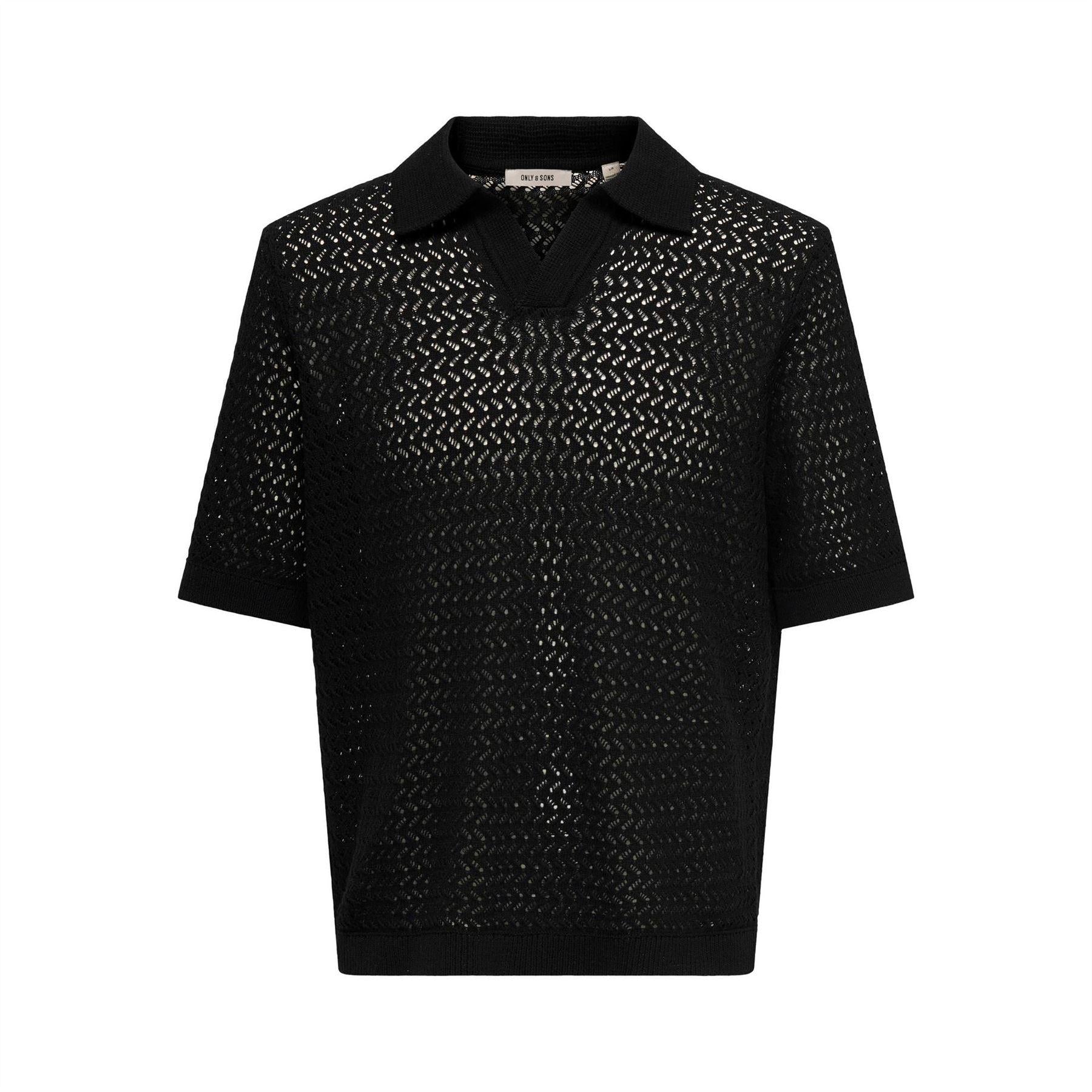 Black - Front - Only Mens Knitted Short-Sleeved Polo Shirt