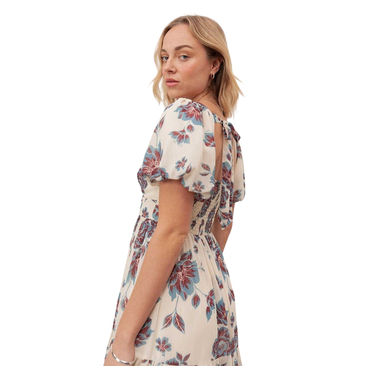 Cream-Blue - Side - Anaya With Love Womens-Ladies Floral Puff Sleeve Maxi Dress