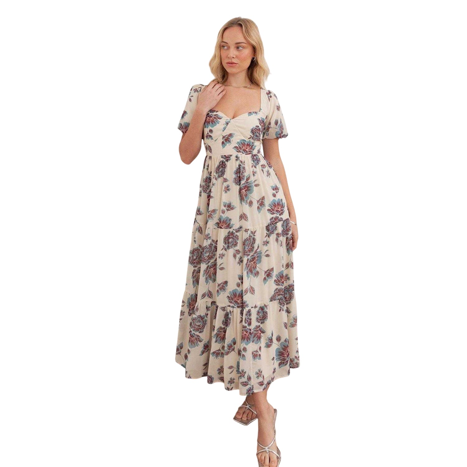 Cream-Blue - Front - Anaya With Love Womens-Ladies Floral Puff Sleeve Maxi Dress