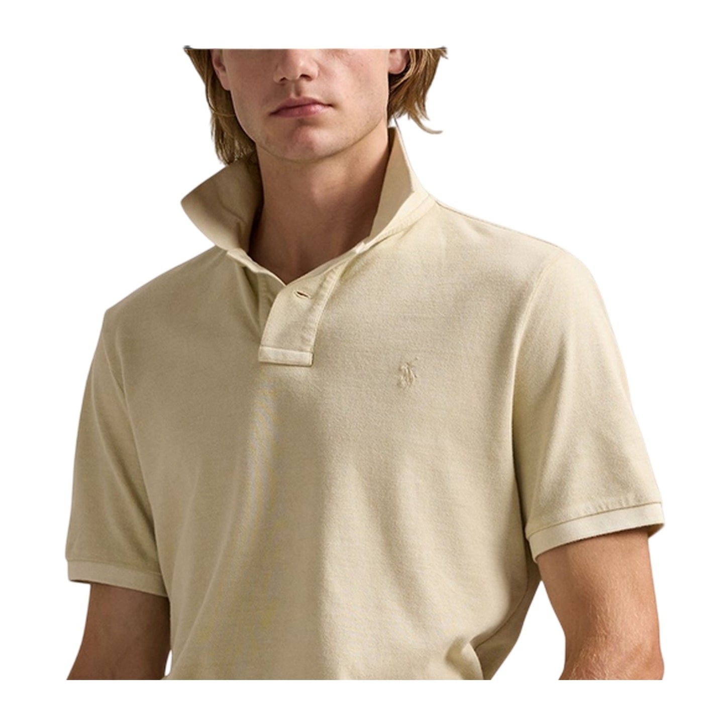 Natural - Side - Ralph Lauren Mens Embroidered Logo Collared Slim Short-Sleeved Polo Shirt
