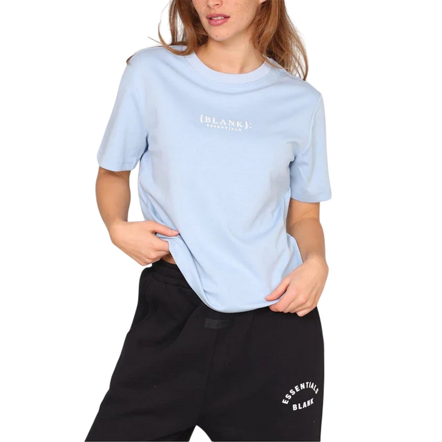 Mineral Blue - Side - Blank Essentials Womens-Ladies Essentials Logo Boyfriend T-Shirt