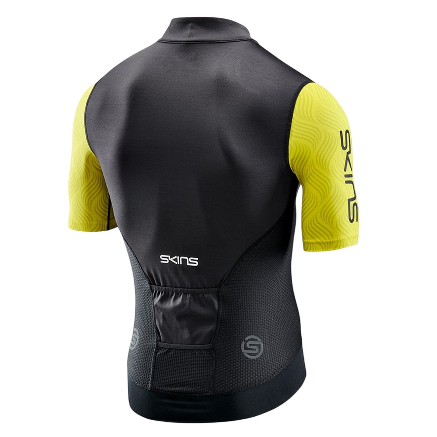 Yellow-Black - Back - Skins Mens Elite Mock Neck Cycling Top