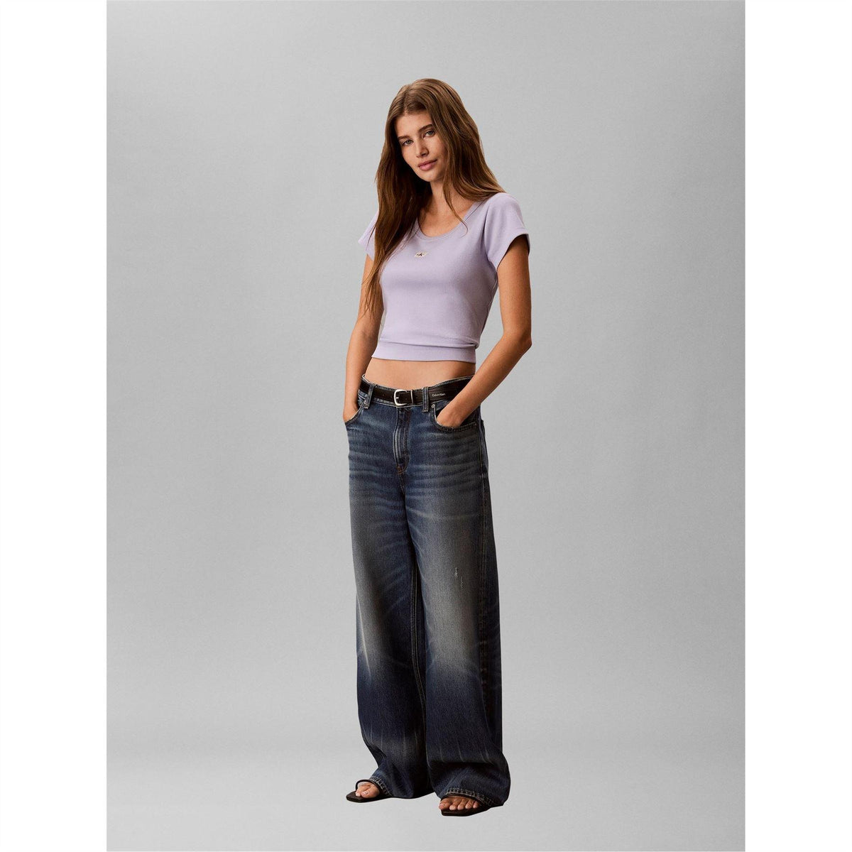 Cosmic Sky - Pack Shot - Calvin Klein Womens-Ladies Ribbed Woven Crop Top