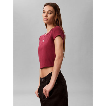 Red - Side - Calvin Klein Womens-Ladies Ribbed Woven Crop Top