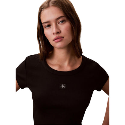 Black - Side - Calvin Klein Womens-Ladies Ribbed Woven Crop Top