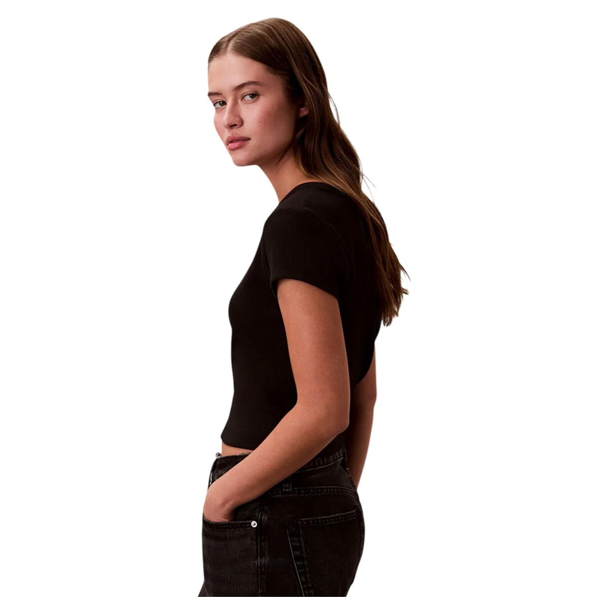 Black - Lifestyle - Calvin Klein Womens-Ladies Ribbed Woven Crop Top