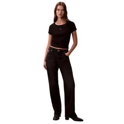 Black - Pack Shot - Calvin Klein Womens-Ladies Ribbed Woven Crop Top