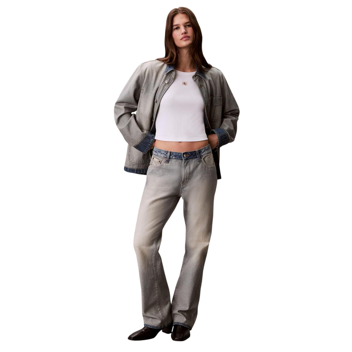 White - Pack Shot - Calvin Klein Womens-Ladies Ribbed Woven Crop Top