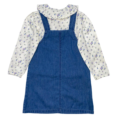 Blue - Back - Miso Girls Floral Collared Pinafore Dress