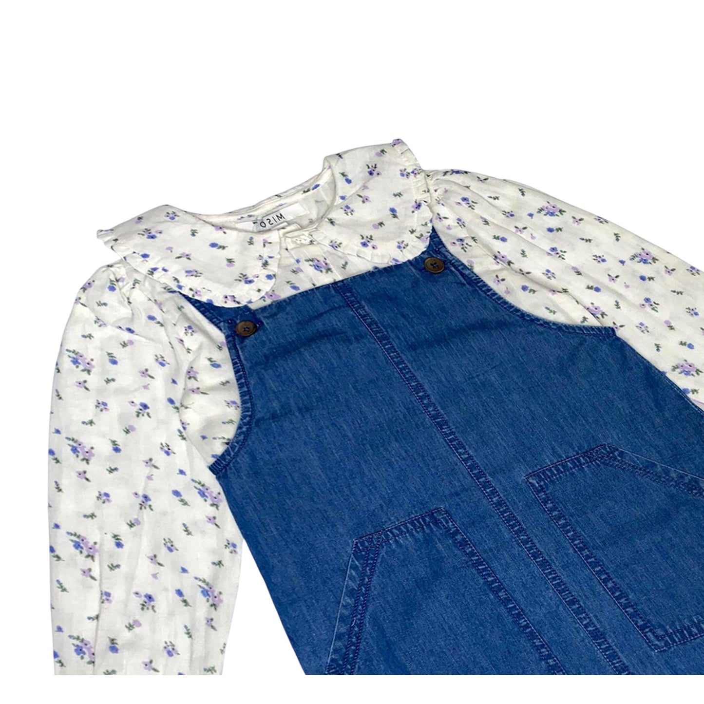 Blue - Side - Miso Girls Floral Collared Pinafore Dress