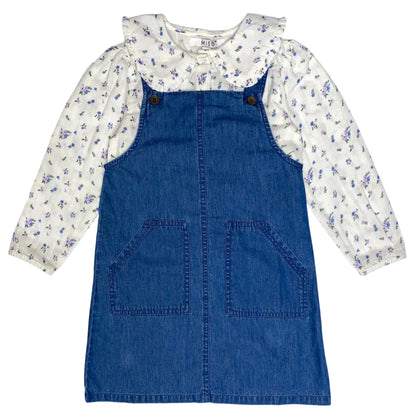 Blue - Front - Miso Girls Floral Collared Pinafore Dress