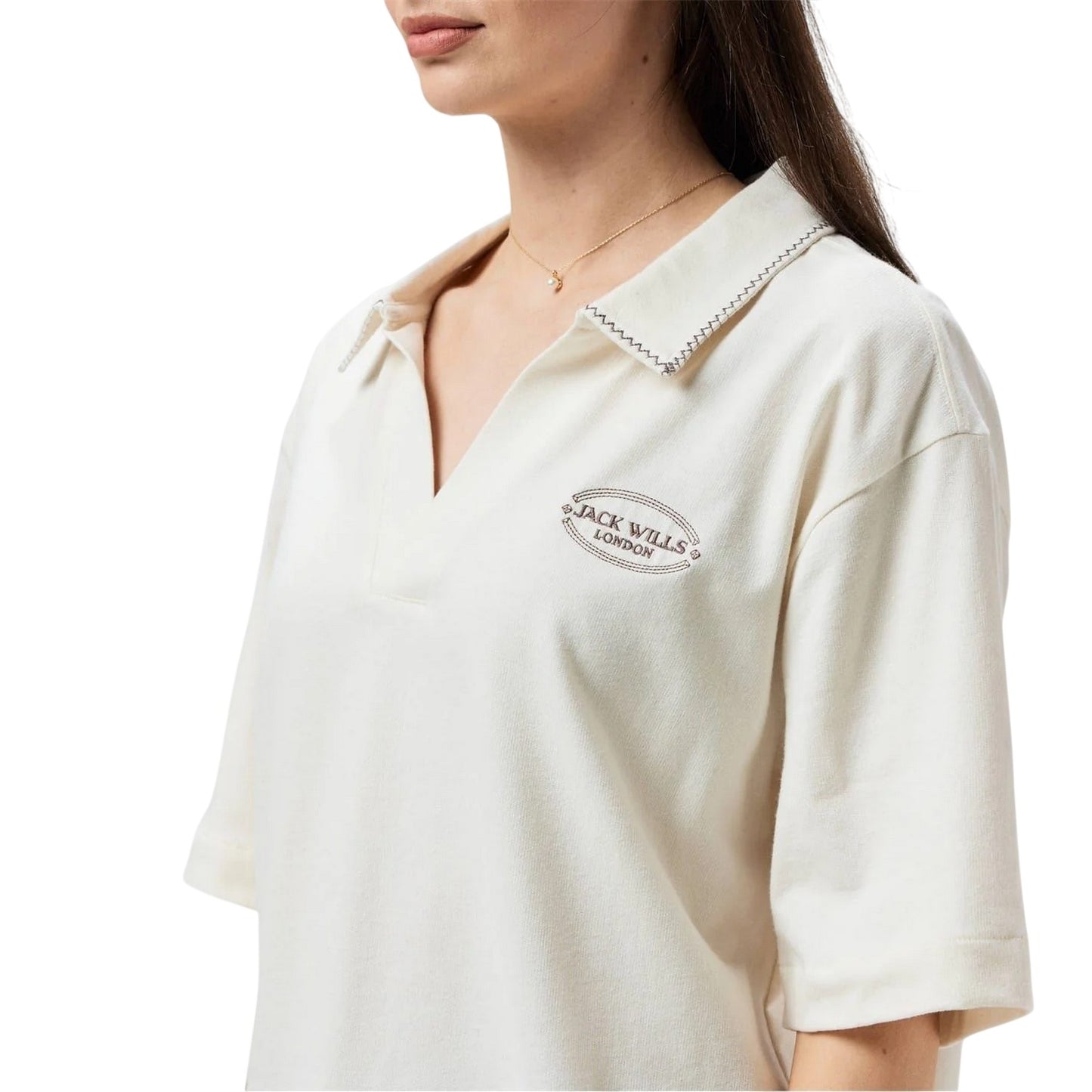 Vintage White - Side - Jack Wills Womens-Ladies Baggy Short-Sleeved Polo Shirt