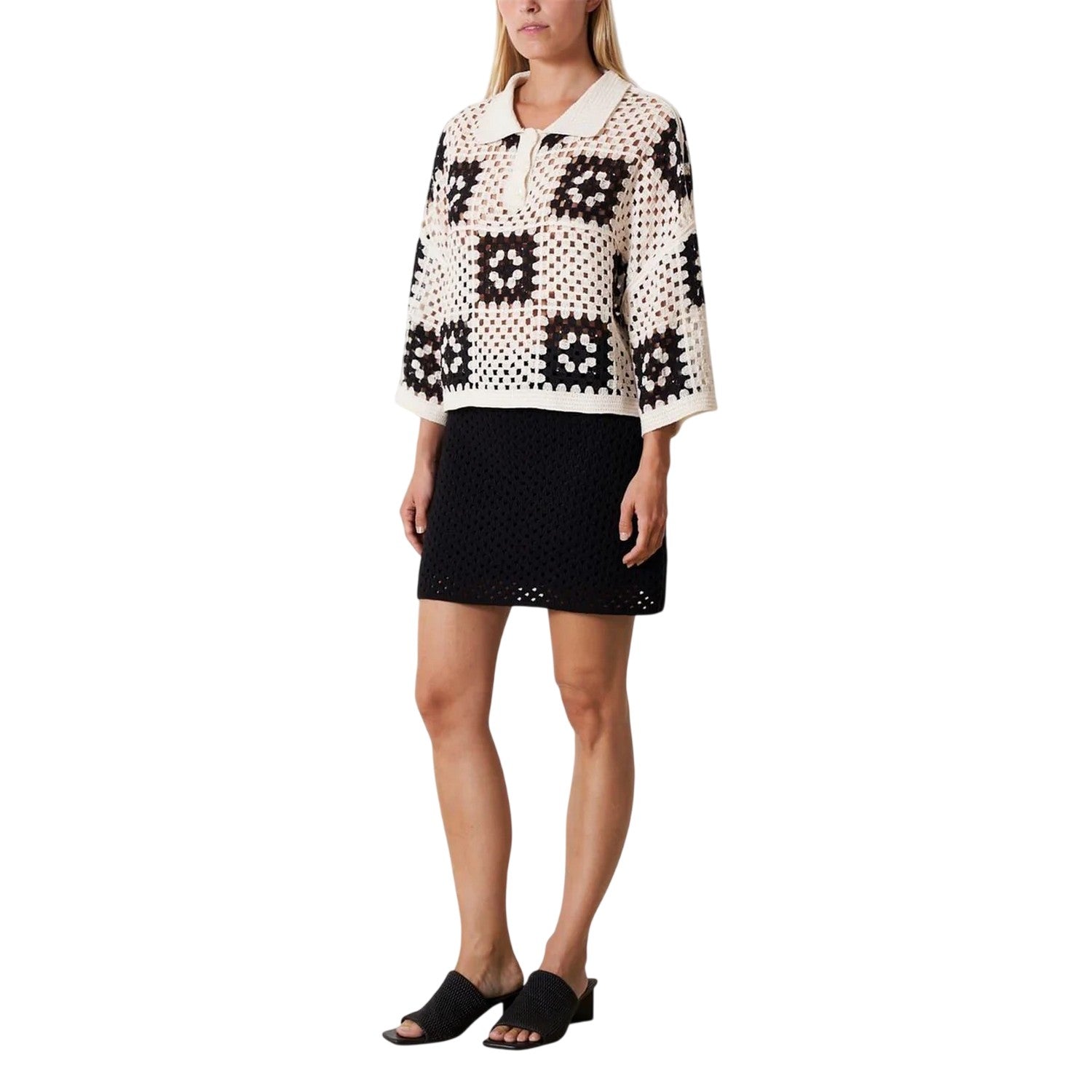 Black-Cream - Pack Shot - Edited Womens-Ladies Anaya Crochet Polo Shirt