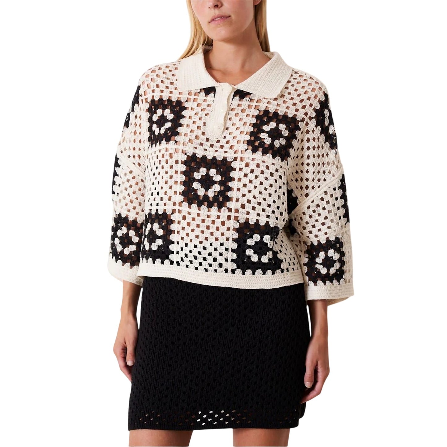 Black-Cream - Front - Edited Womens-Ladies Anaya Crochet Polo Shirt