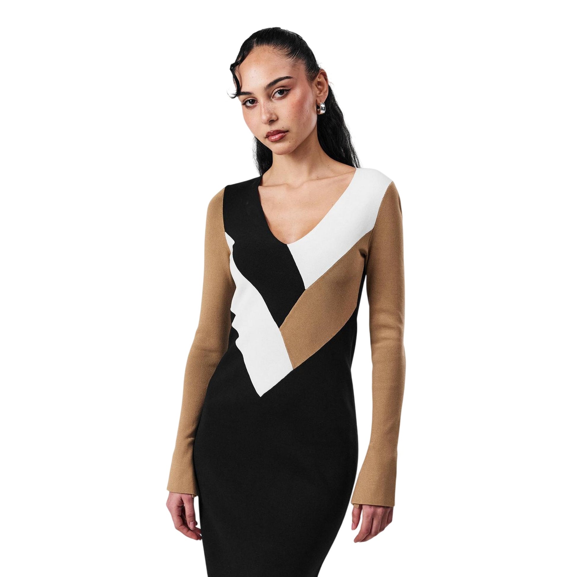 Black-Brown-White - Side - Boss Womens-Ladies Florency Viscose Slim Midi Dress