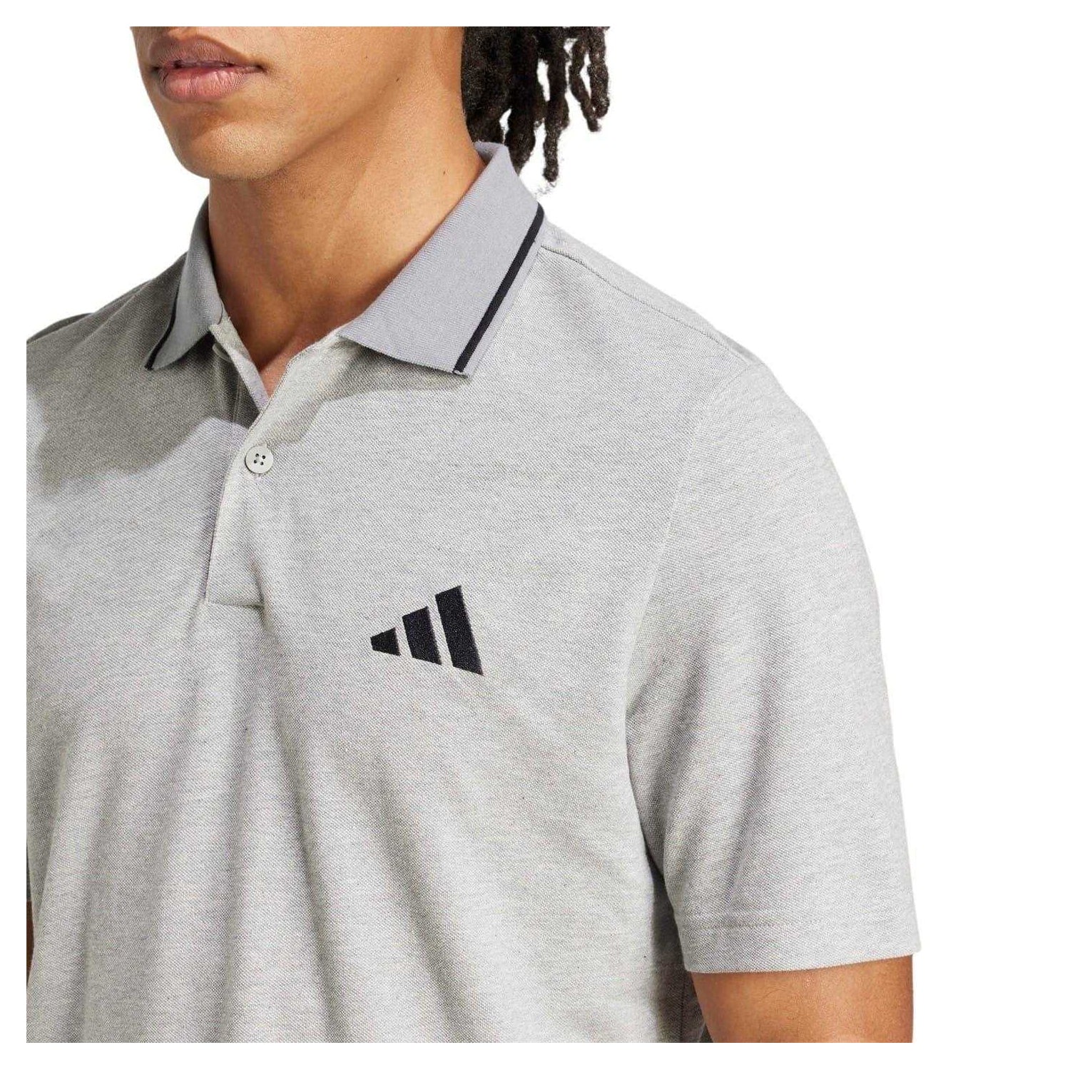 Grey - Side - Adidas Mens 3 Stripes Cotton Polo Shirt