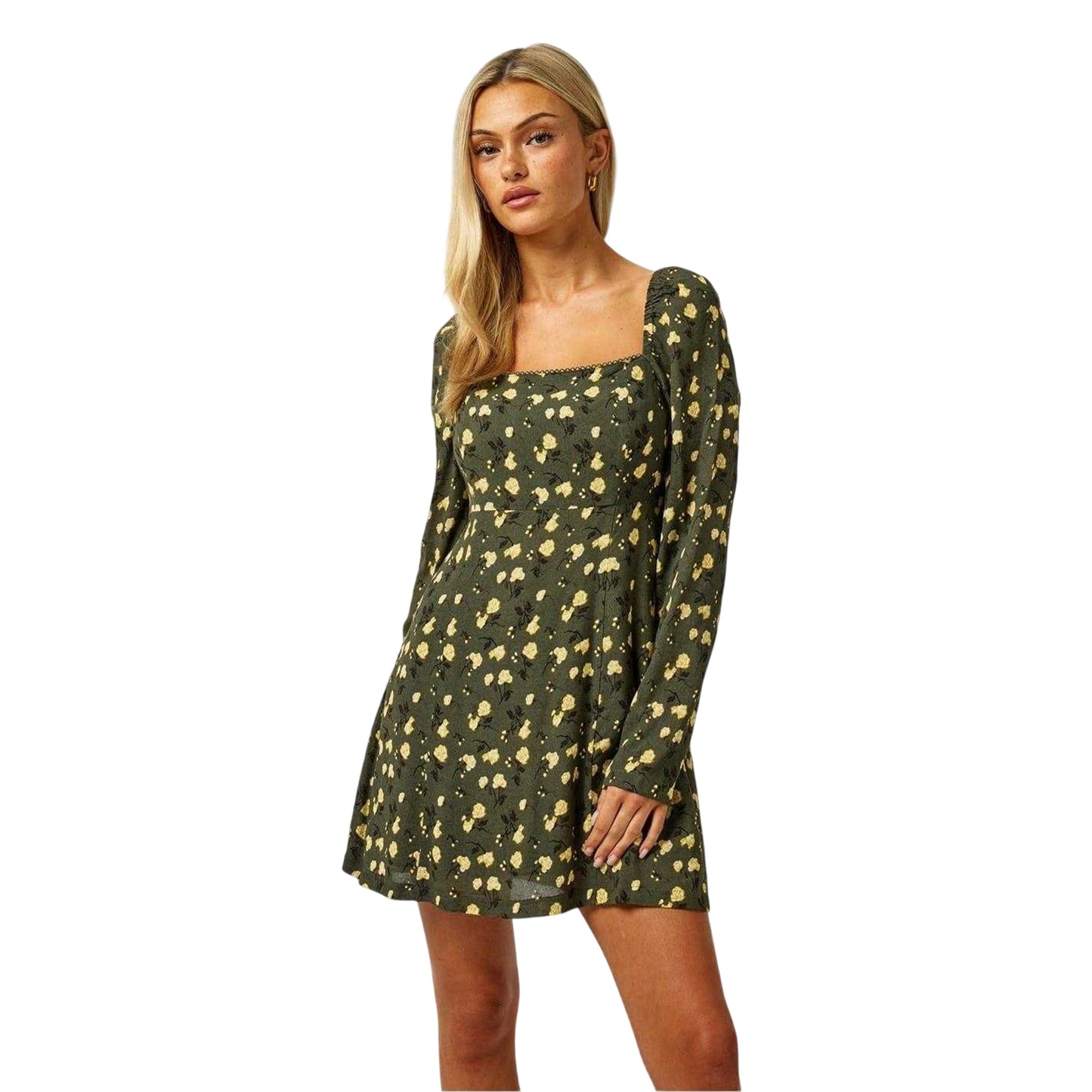 Green - Side - Jack Wills Womens-Ladies Floral Square Neck Puff Sleeve Mini Dress