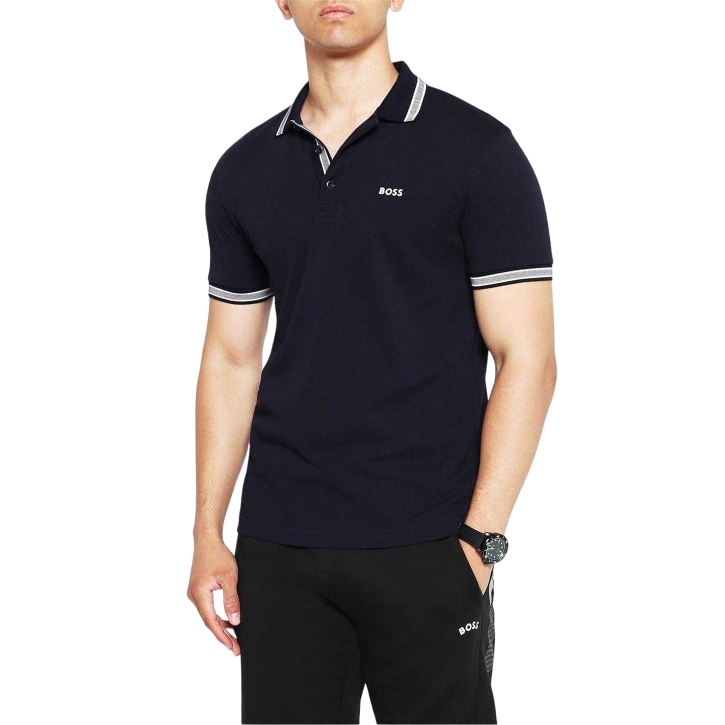 Navy - Side - Boss Mens Paddy Contrast Tipped Polo Shirt