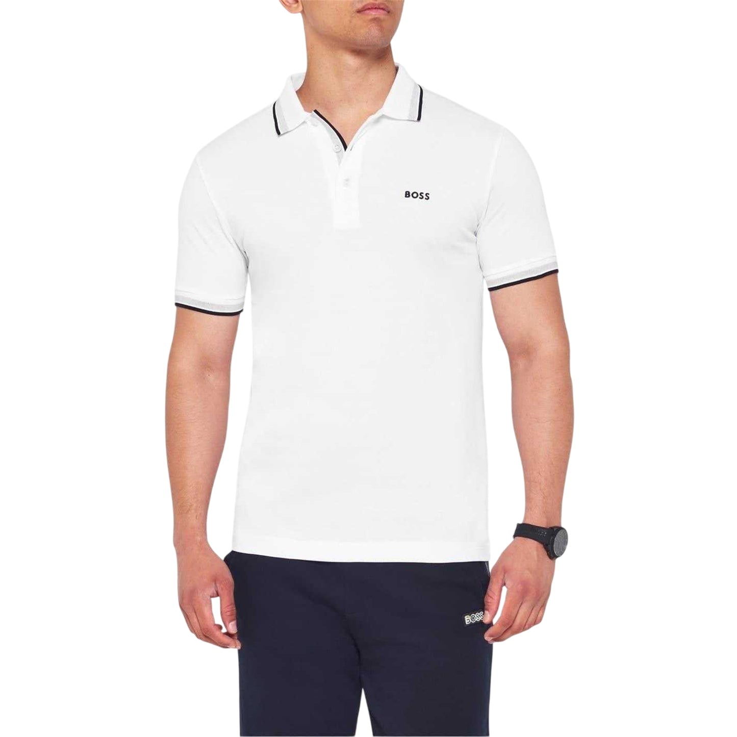 White - Side - Boss Mens Paddy Contrast Tipped Polo Shirt