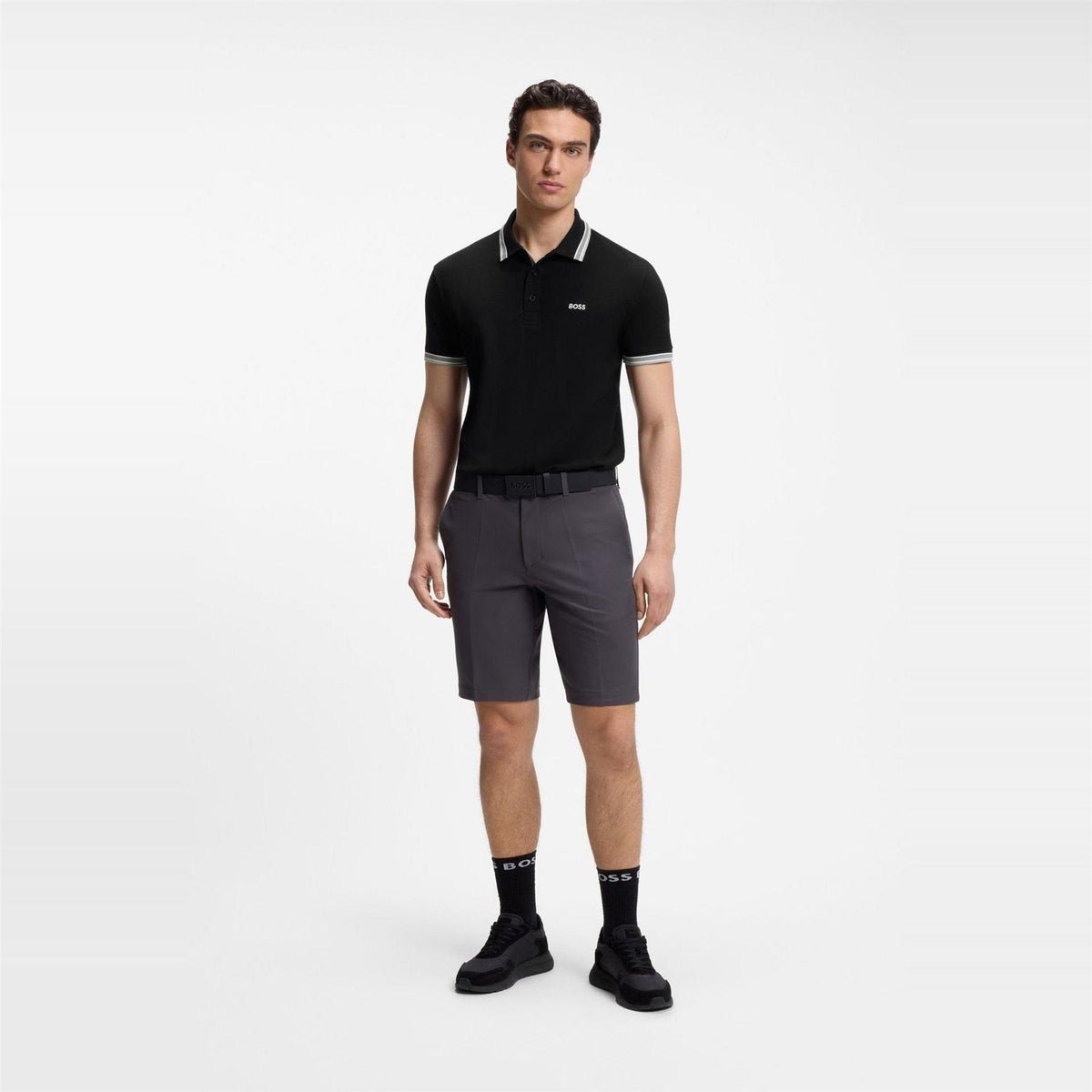 Black-Grey - Pack Shot - Boss Mens Paddy Contrast Tipped Polo Shirt