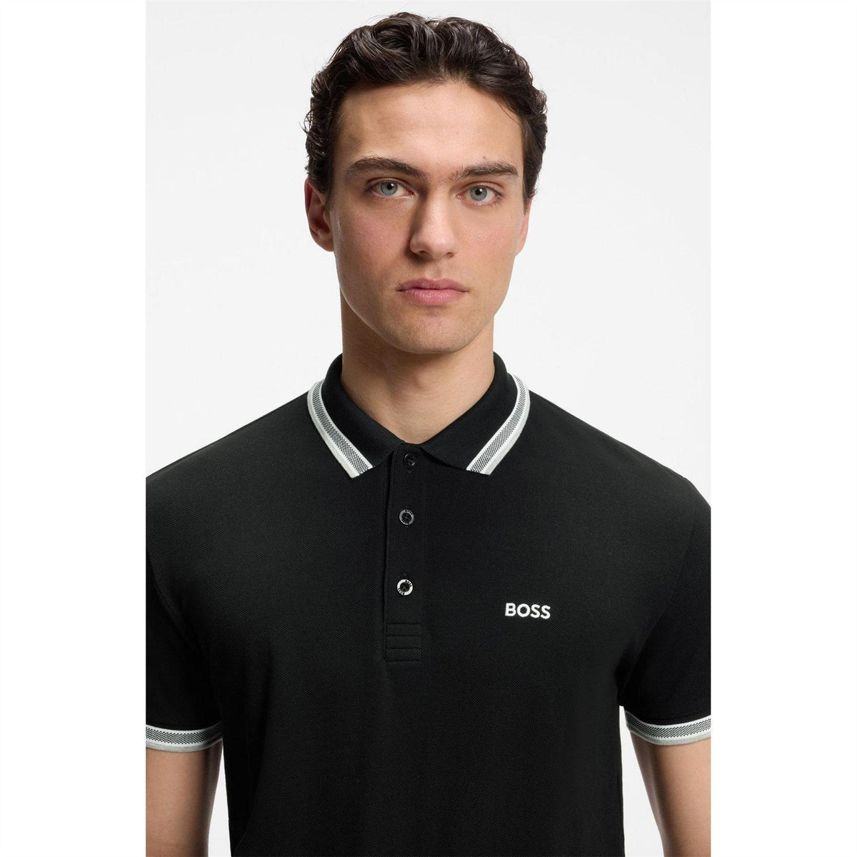 Black - Close up - Boss Mens Paddy Contrast Tipped Polo Shirt