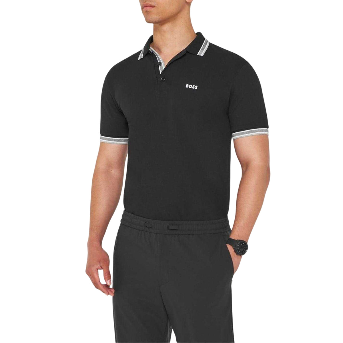 Black-White - Side - Boss Mens Paddy Contrast Tipped Polo Shirt