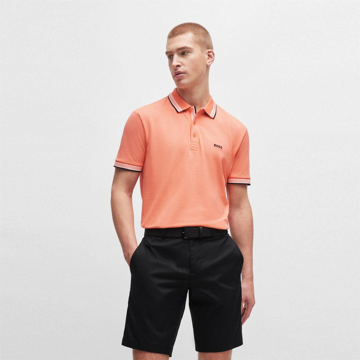 Orange - Side - Boss Mens Paddy Contrast Tipped Polo Shirt