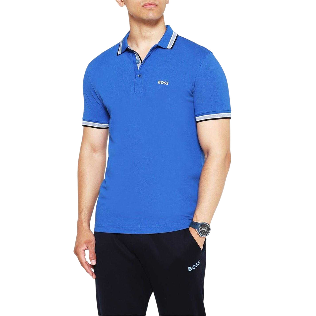 Blue - Side - Boss Mens Paddy Contrast Tipped Polo Shirt