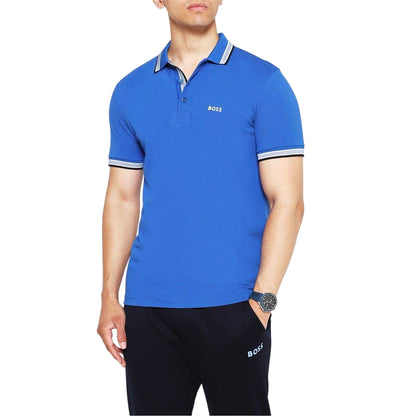 Blue - Side - Boss Mens Paddy Contrast Tipped Polo Shirt