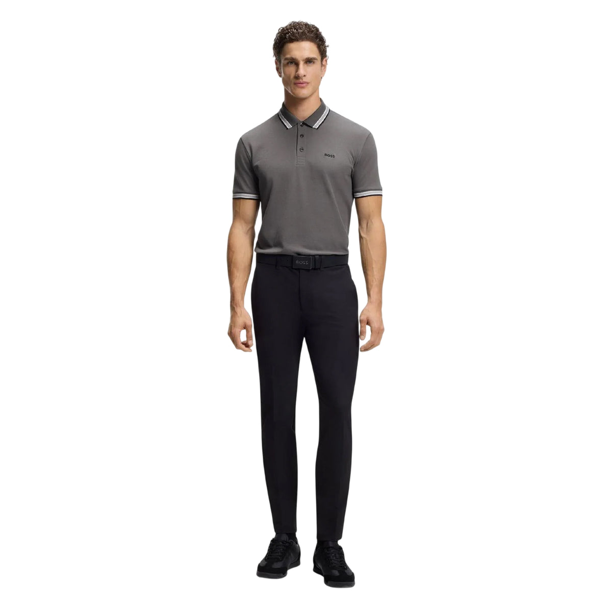 Grey - Side - Boss Mens Paddy Contrast Tipped Polo Shirt