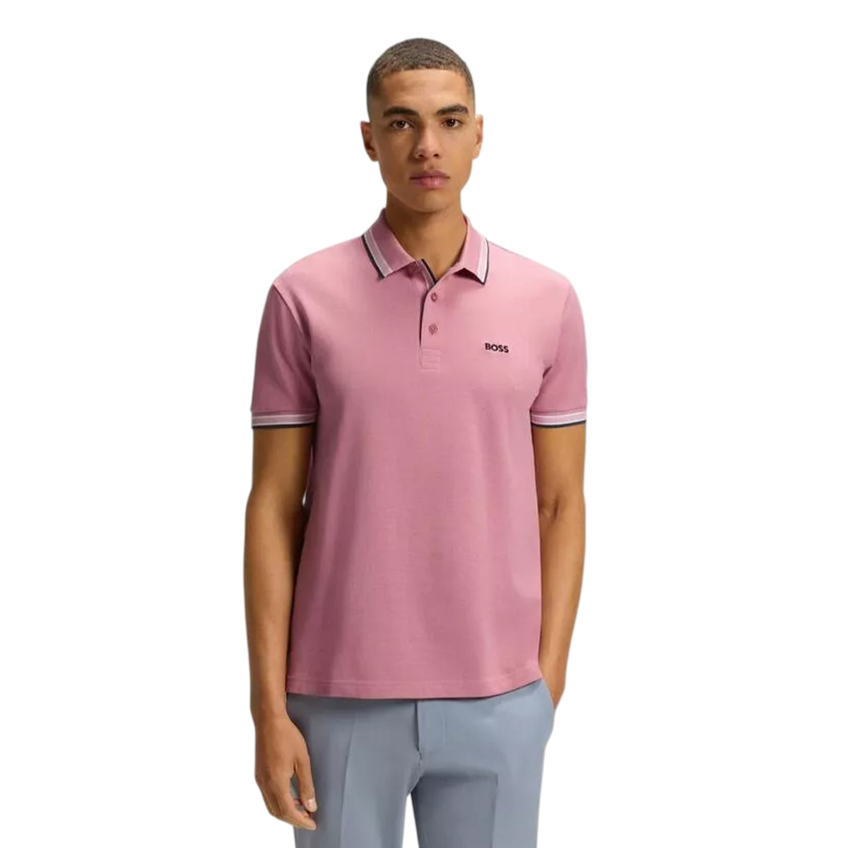 Pink - Side - Boss Mens Paddy Contrast Tipped Polo Shirt