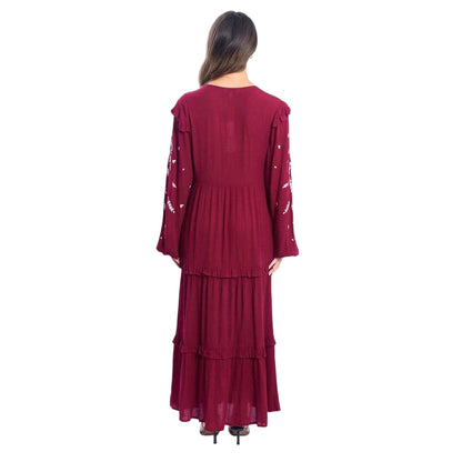 Burgundy - Back - Be You Womens-Ladies Embroidered Woven Maxi Dress