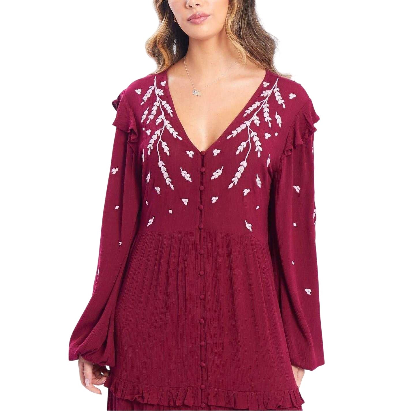 Burgundy - Side - Be You Womens-Ladies Embroidered Woven Maxi Dress