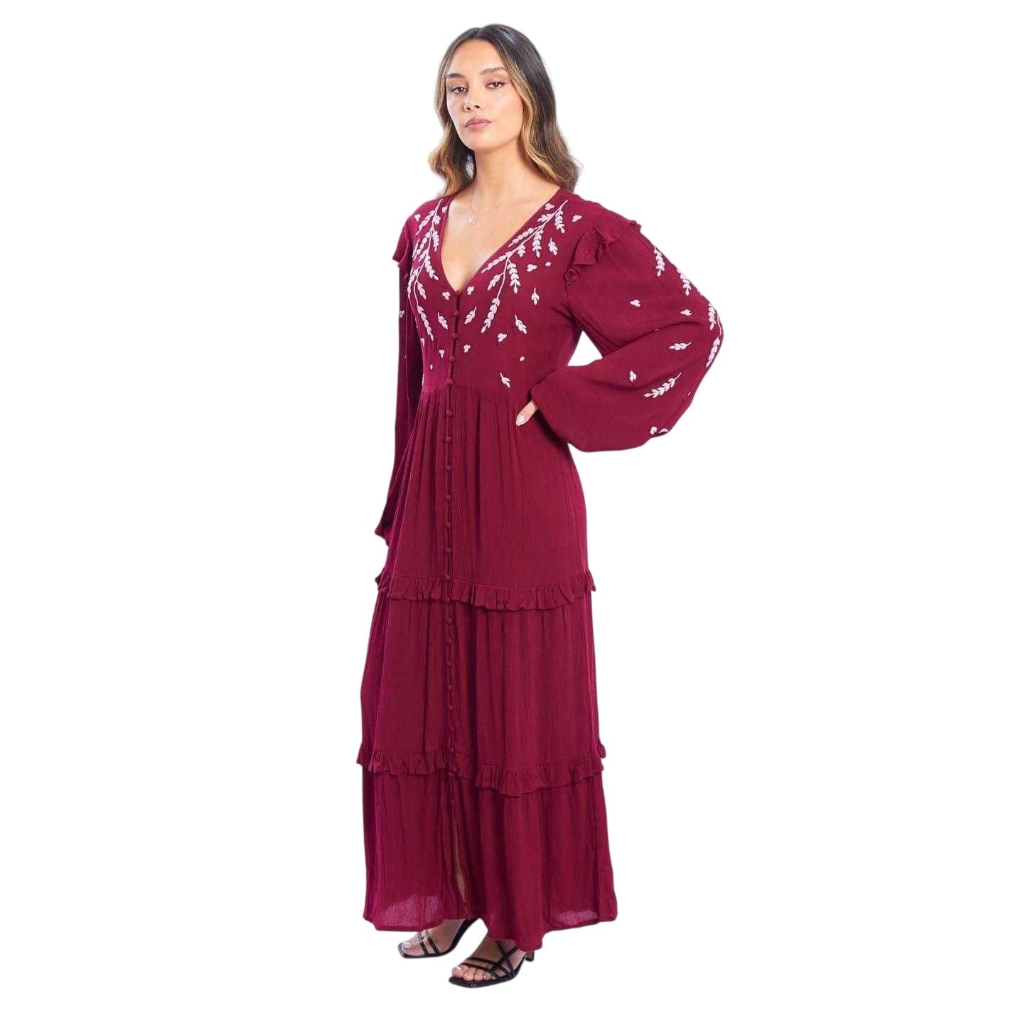 Burgundy - Lifestyle - Be You Womens-Ladies Embroidered Woven Maxi Dress